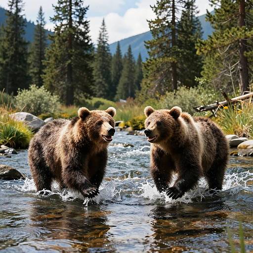 Two Bears Playing by Mountain River