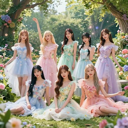 Photograph of seven Asian women in pastel floral dresses, sitting and standing in a sunlit, blooming garden, surrounded by trees and flowers.