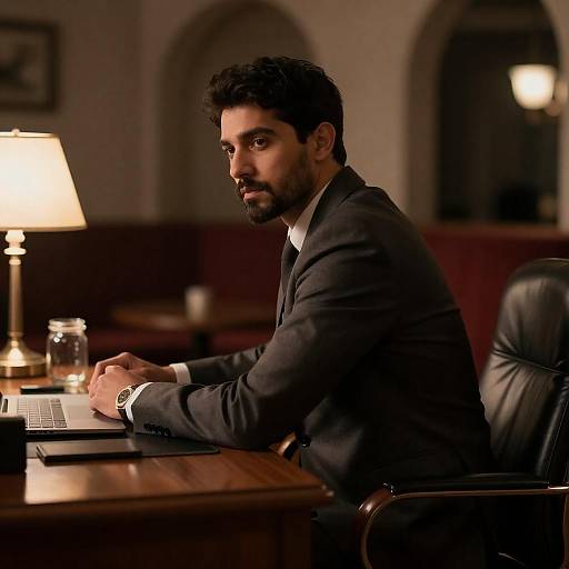 Serious Man in Dimly Lit Office