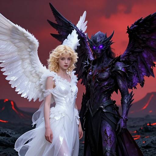 Digital art: Blonde angel with white wings and white dress stands beside dark, menacing, black-winged figure with purple eyes against fiery red sky.