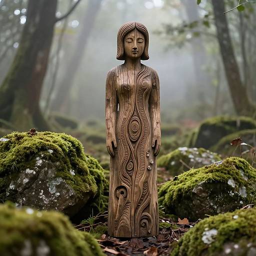 Rustic Wood Statue in Mystical Forest
