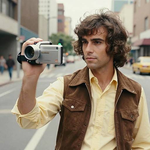 Photograph of a young man with curly brown hair, wearing a yellow shirt and brown vest, holding a camera, standing on a city street with blurred