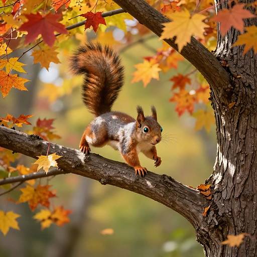 Photograph of a vibrant red squirrel with bushy tail, perched on a tree branch amidst colorful autumn leaves, sunlight filtering through.