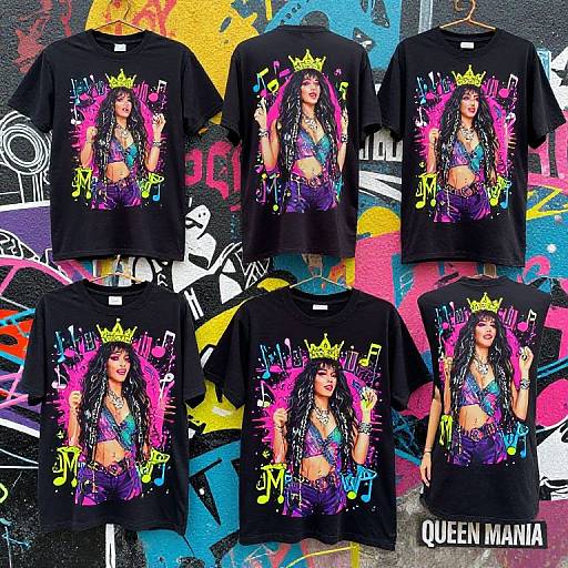 Photograph of six black T-shirts with colorful, vibrant Queen Nania graphic, featuring a crowned woman with long braids, against a graffiti wall background