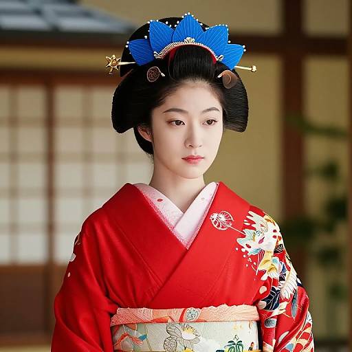 Red Kimono Woman with Blue Crown
