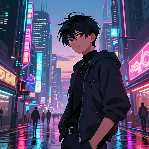 Anime-style digital artwork of a black-haired, red-eyed young man in a black hoodie standing in a neon-lit, rainy city street at dusk.