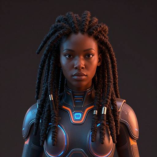 Photorealistic CGI of a serious Black woman with dreadlocks, wearing futuristic, glowing blue and orange armor against a dark background.