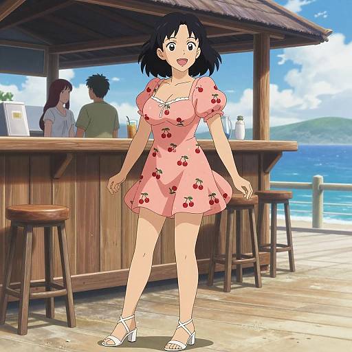 Anime-style drawing of a surprised, black-haired woman in a pink cherry-print dress and white heels, standing at a beachside wooden bar.