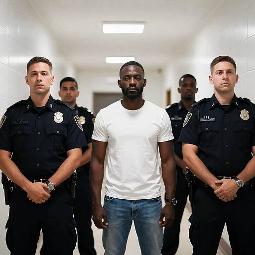 Man Surrounded by Police Officers in Hallway