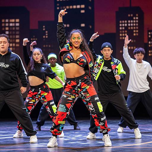 Photograph of a diverse dance troupe on stage, featuring a central Black woman in vibrant red and black graffiti-patterned crop top and pants, striking