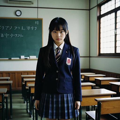 Photograph of a Japanese schoolgirl with long black hair, wearing a black blazer, striped tie, and plaid skirt, standing in a sun