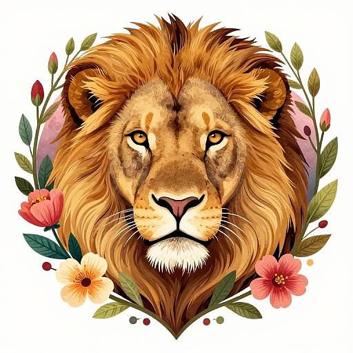 Lion's Face with Floral Heart Frame