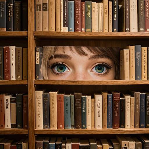 Photograph of a person's striking blue eyes peering from behind a wooden bookshelf filled with variously colored, horizontally aligned books.