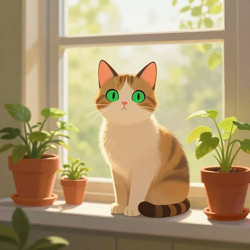 Digital illustration of a wide-eyed, orange-and-white cat with green eyes sitting on a sunlit windowsill, surrounded by potted plants.