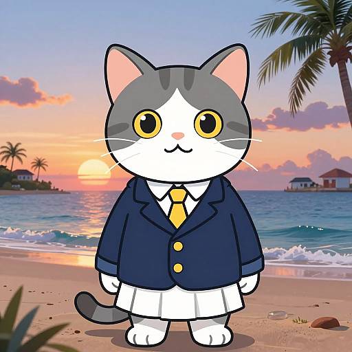 Cartoon gray and white cat in navy blazer and yellow tie stands on beach at sunset, palm trees and ocean in background. Digital art.