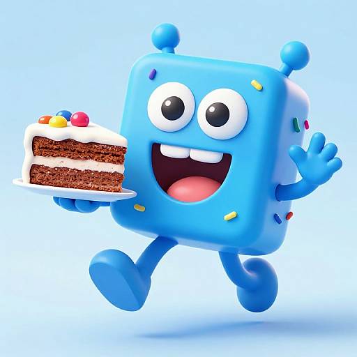 Bright blue, cube-shaped cartoon character with big eyes and teeth, holding a slice of layered chocolate cake with colorful toppings, smiling and waving on a white