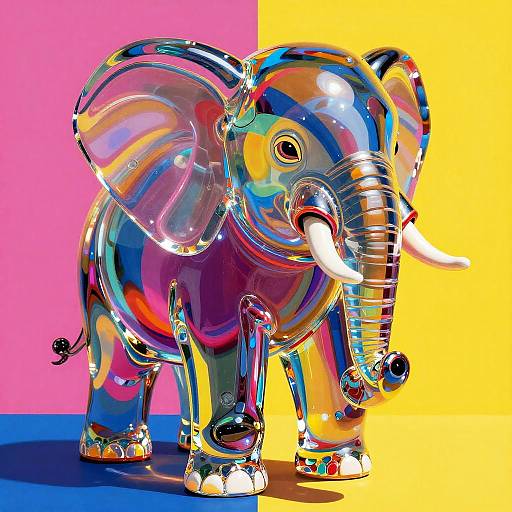 Vibrant, reflective, 3D digital artwork of a stylized elephant with mirrored, multicolored surface, standing against a split pink and