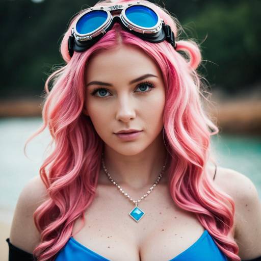 Female Doflamingo Cosplay with Pink Hair and Blue Goggles
