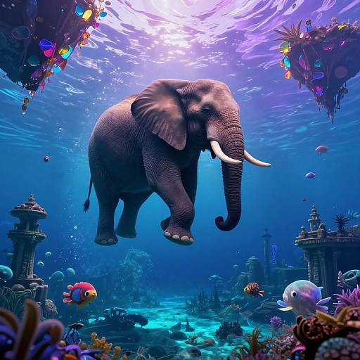 Digital artwork of a majestic elephant underwater, surrounded by colorful fish, coral, and ancient ruins, bathed in vibrant blue light.