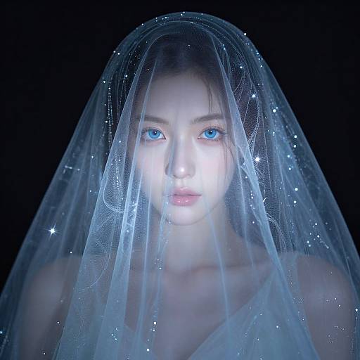 Photograph of a glowing, ethereal woman with blue eyes, wearing a translucent, star-studded veil against a dark background.
