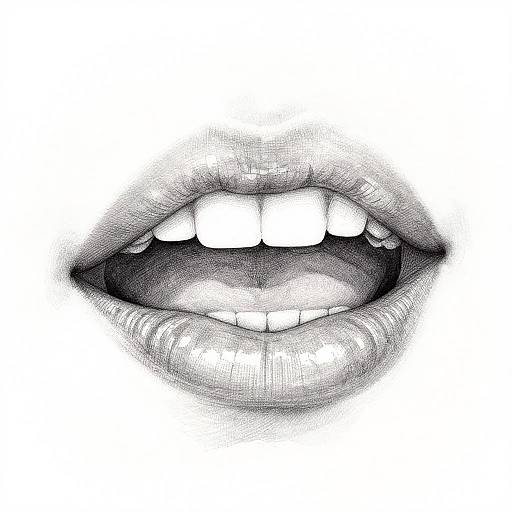 Close-up, detailed, black-and-white digital drawing of a woman's mouth with slightly parted lips, showing upper teeth and tongue, emphasizing texture and shading