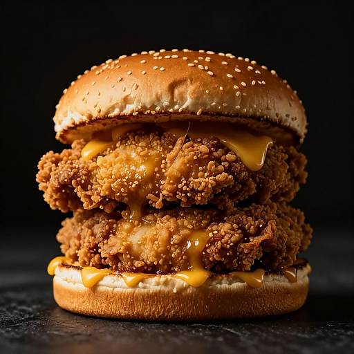 Photograph of a double cheeseburger with two thick, crispy, textured beef patties, melted cheese oozing out, and sesame seed bun against