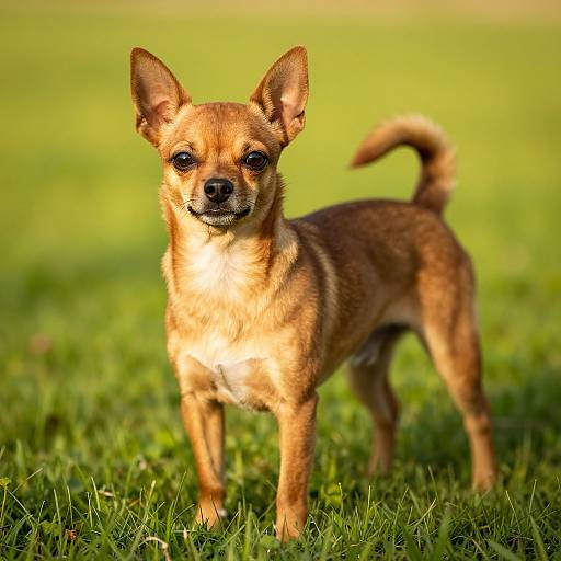 Photograph of a small, brown, short-haired Chihuahua standing on green grass, tail curved upwards, looking directly at the camera with alert
