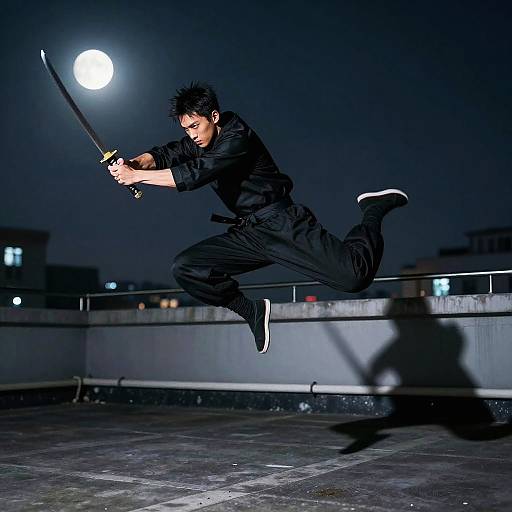 Male Ninja Leaping with Katana at Night