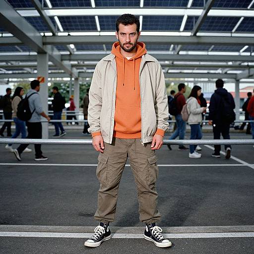Photograph of a bearded man with dark hair, wearing an orange hoodie, white jacket, beige cargo pants, and black sneakers, standing in a