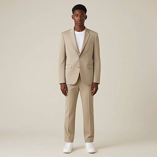 Photograph of a young Black man with short hair, wearing a beige suit, white shirt, and white sneakers, standing against a plain white background.