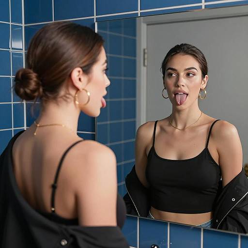 Woman making funny face in mirror