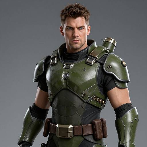 Photograph of a muscular, blue-eyed, short-haired man in green, shiny, medieval-style armor with black underlayer, brown belt, and qu