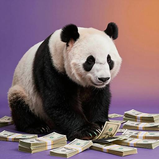Realistic Panda Counting Money in Colorful Scene