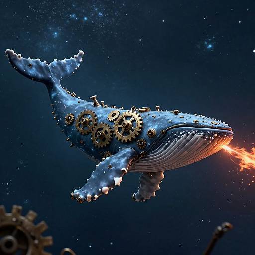 Photorealistic CGI of a blue, gear-adorned whale with glowing orange blowhole, set against a starry, deep-sea background.
