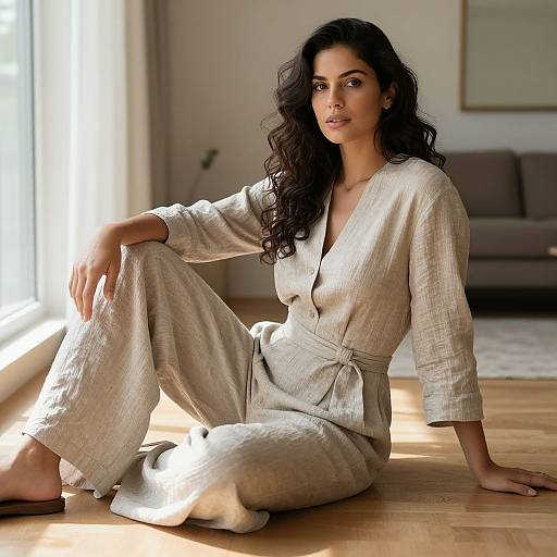 Stylish Woman in Linen Pantsuit Indoors