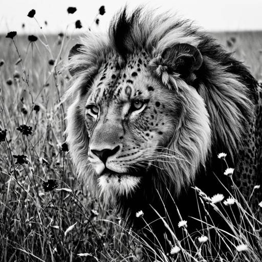 Monochrome Lion Close-up in Grassland Monochrome Lion Close-up in Grassland