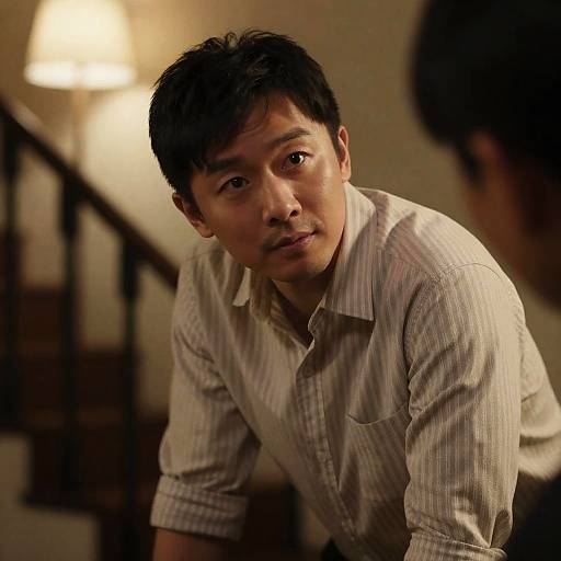 Asian man in striped shirt leaning forward indoors