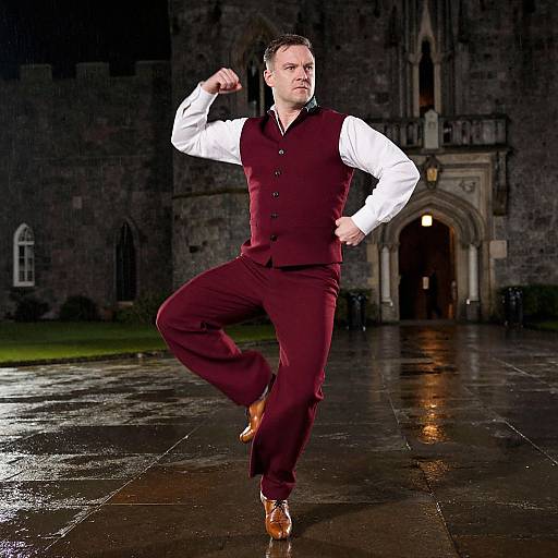 Photograph of a man in a maroon vest, white shirt, and brown trousers, dancing in front of a dark stone castle with an arched