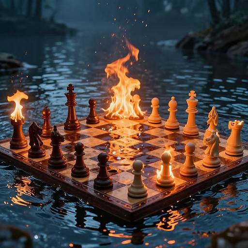 Photograph of a burning chessboard floating in dark, reflective water, with flames engulfing black and white chess pieces.