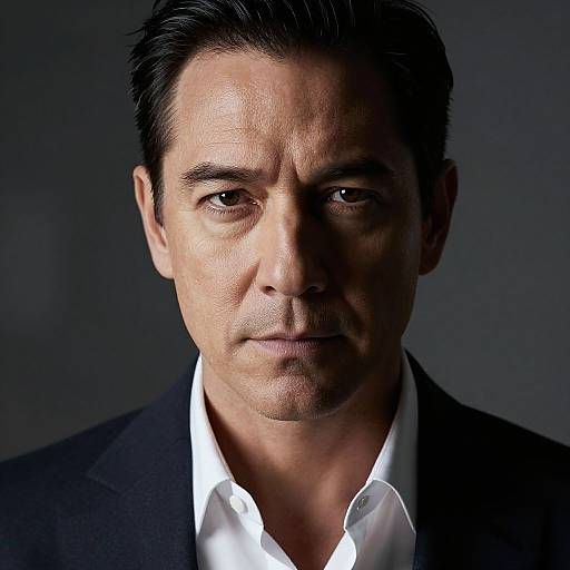 Photograph of a middle-aged man with short, dark hair, wearing a black suit and white shirt, illuminated from the front, shadowed on the