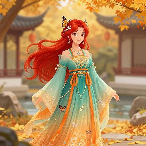 Digital anime-style image of a red-haired woman in a teal and orange butterfly-adorned dress, standing in an autumnal garden.