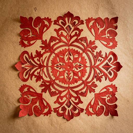 Photograph of an intricate red paper cutout with symmetrical, floral patterns on a beige textured background, creating a striking contrast.