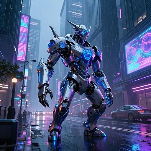 Cybernetic warrior stands in neon-lit, rainy urban street, illuminated by vibrant blue and pink lights, with futuristic skyscrapers in background