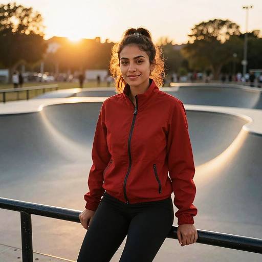 Photograph of a smiling young woman with dark hair in a ponytail, wearing a red zip-up jacket and black pants, leaning on a railing at