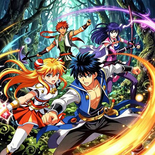 Anime-style forest battle scene: five characters with vibrant hair, dynamic poses, and magical energy, wearing fantasy outfits, casting spells amidst glowing foliage.