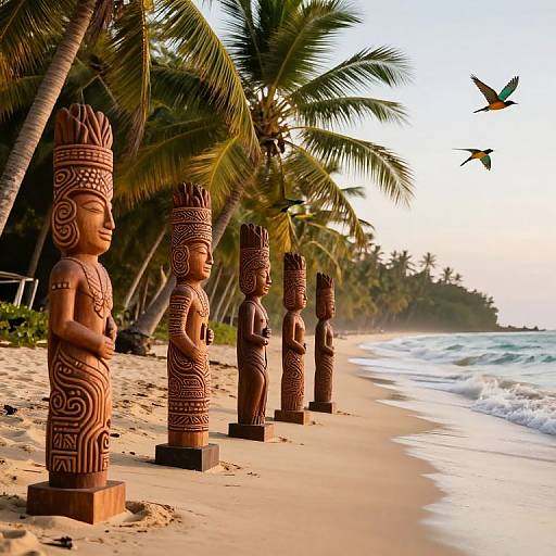Photograph of a tropical beach with tall, intricately carved wooden statues lining the shore, palm trees, and two flying birds.