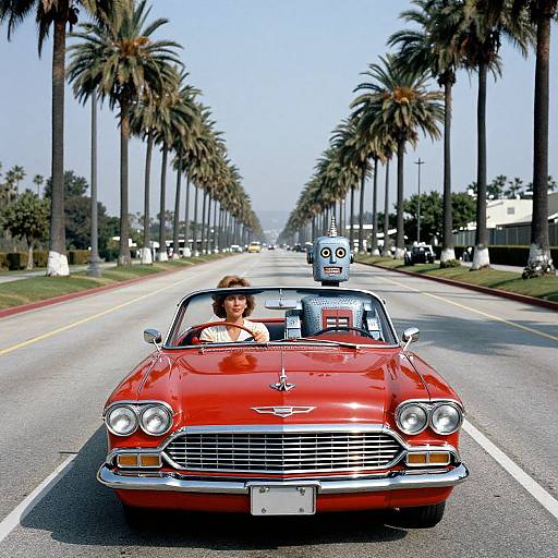 Photograph of a smiling woman in a red vintage car with a toy car on the hood, driving down a palm-lined street.