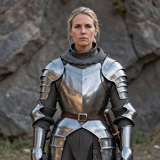 Photograph of a determined blonde woman in shiny silver medieval armor, standing in front of a rocky background, with a serious expression.