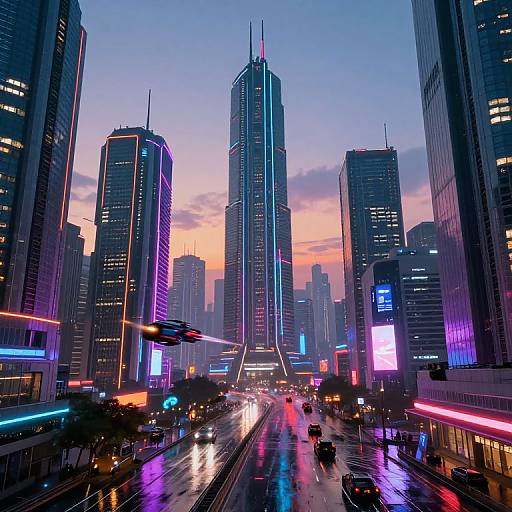 Neon-lit, futuristic cityscape at dusk, featuring tall skyscrapers with glowing blue, purple, and pink lights, wet street reflecting vibrant
