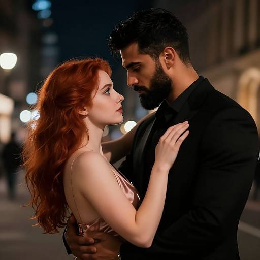 Photograph of a red-haired woman in a sleeveless dress, gazing at a bearded man in a black shirt, dancing closely in a dim